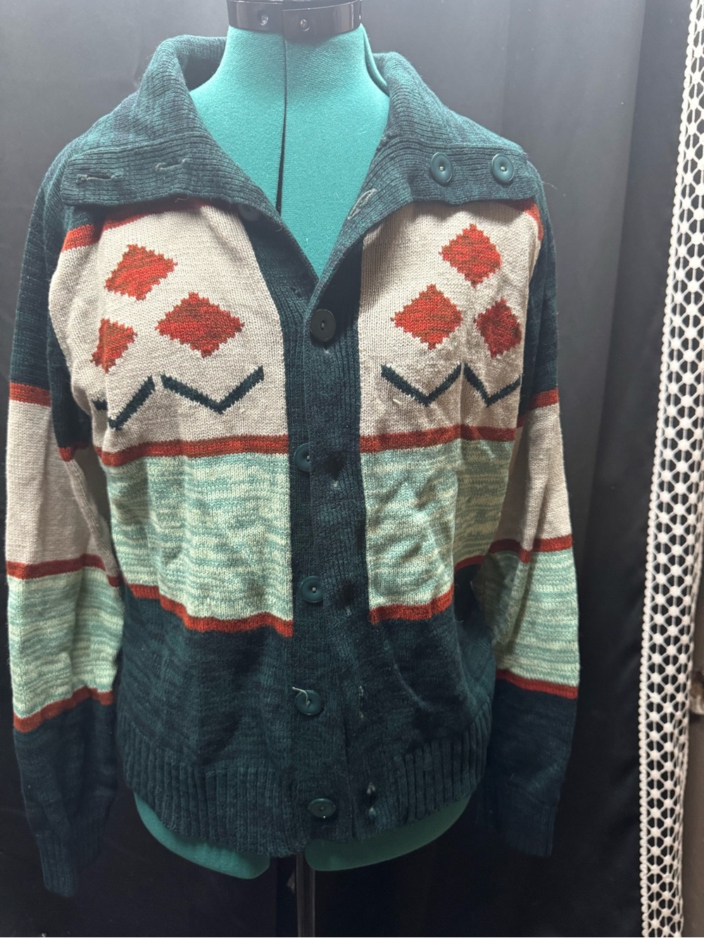 jcpenney Teal Patterned Button-Front Sweater Cardigan with Rust Accents